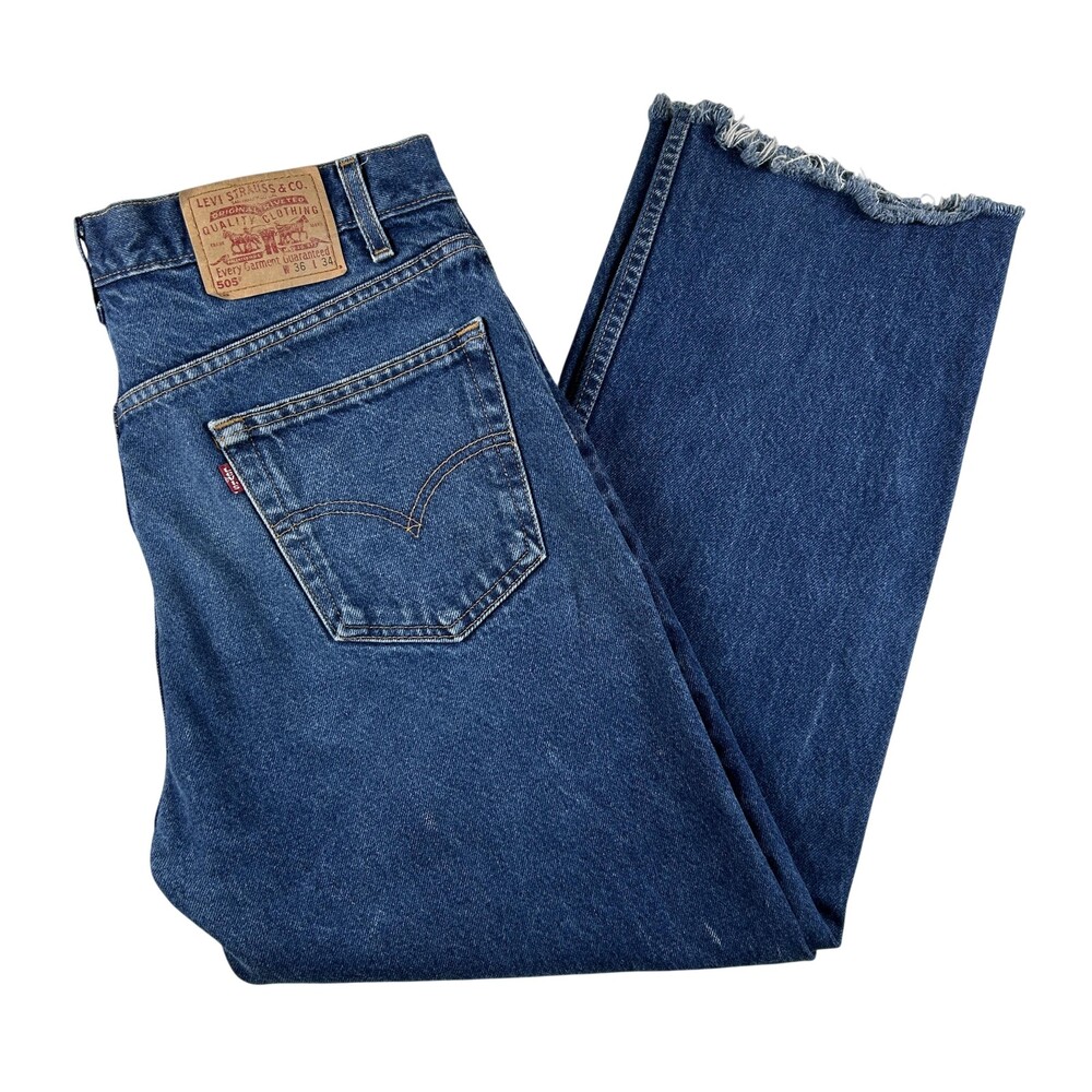 Vintage Levis 505 Jeans Mens 36x28 Regular Fit Denim Straight Leg Raw Hem 2000s